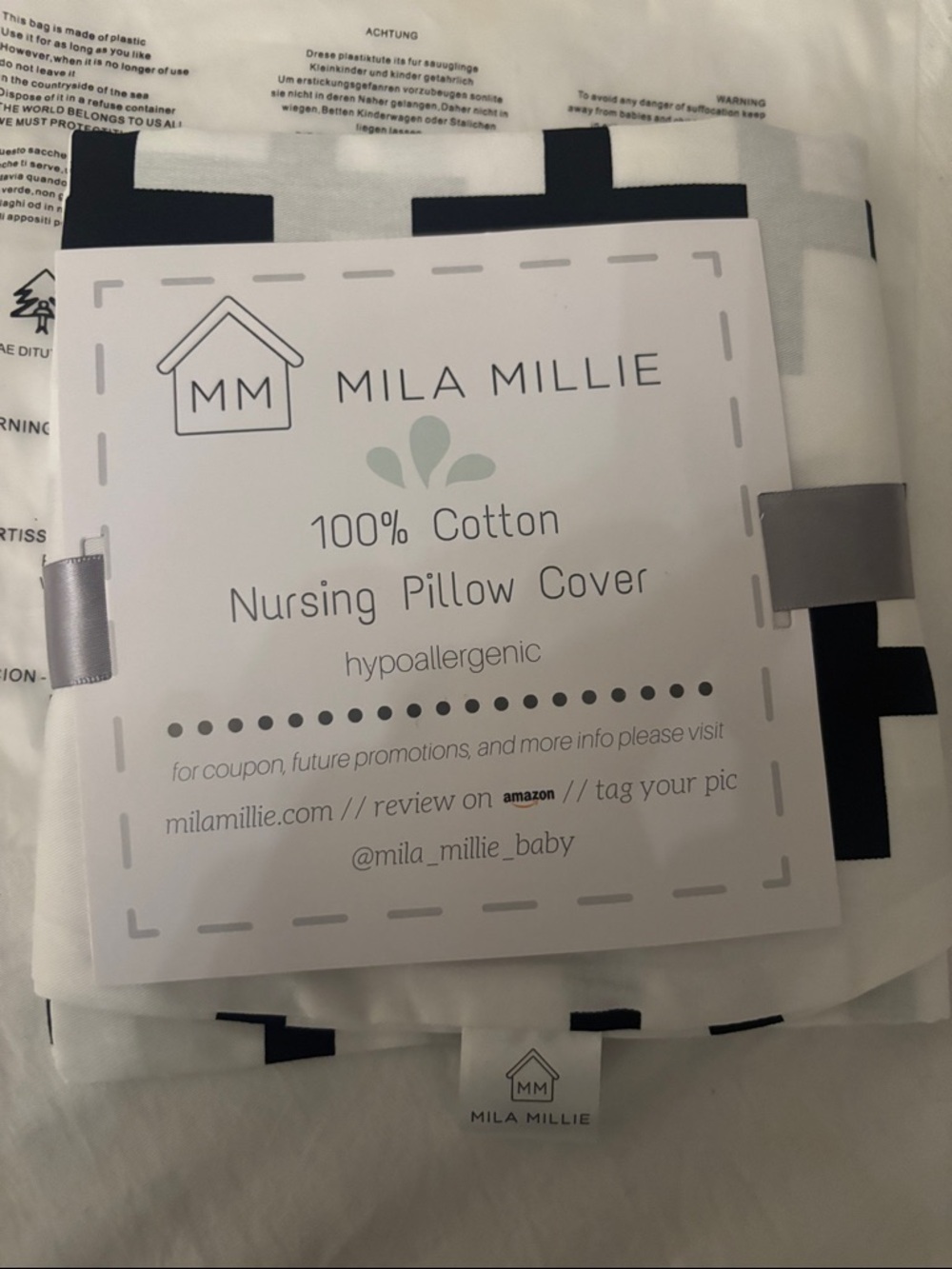 100% Cotton Nursing Pillow Cover in White with Black Pattern